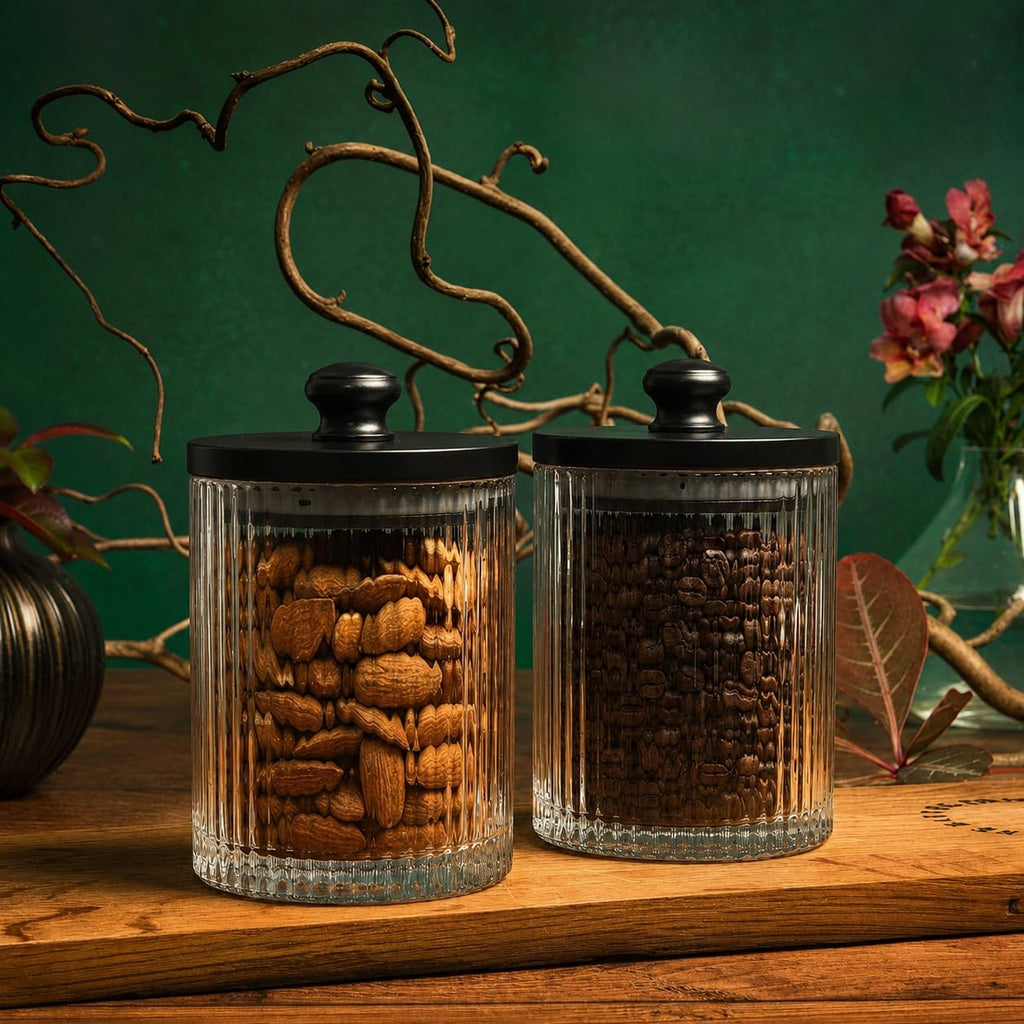 Ribbed Glass Bathroom Jars | Set of 2 Farmhouse Style Storage Canister with Airtight Black Wooden Lids | Cotton