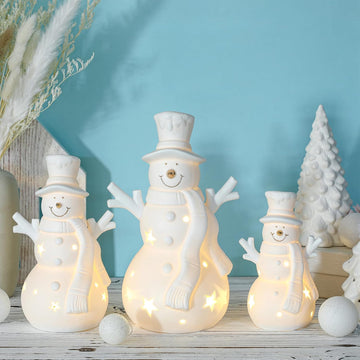 3 Pcs Light up White Ceramic Snowman Decor LED Lighted Porcelain Snowman Figurines Tabletop Battery Operated