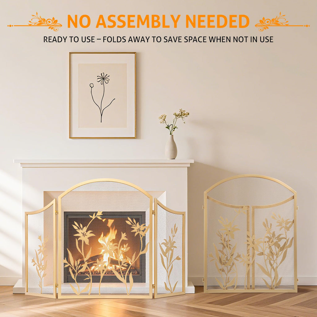 Fireplace Screen 3 Panel 48x25 Inch Folding Fireplace Screen Gold