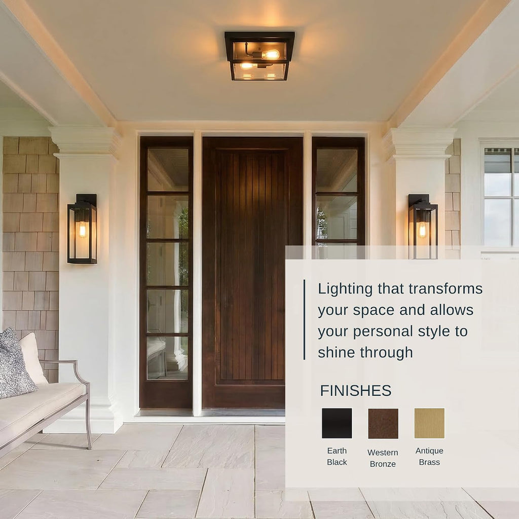 Westover 12" Outdoor Flush Mount Ceiling Light, 2-Light Earth Black with Clear Beveled Glass, E12 Base, ETL Damp Rated