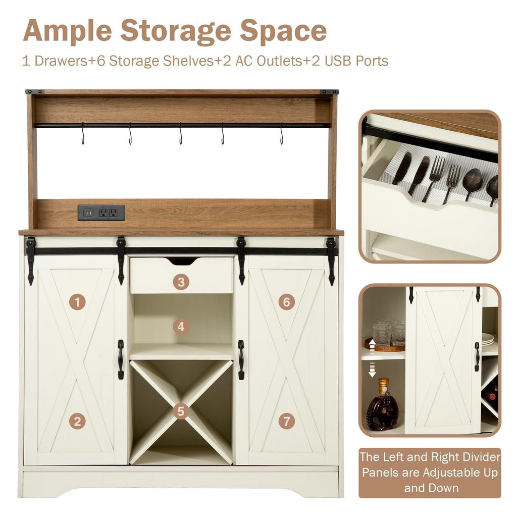 Farmhouse Coffee Bar Cabinet with Charging Station and USB, White