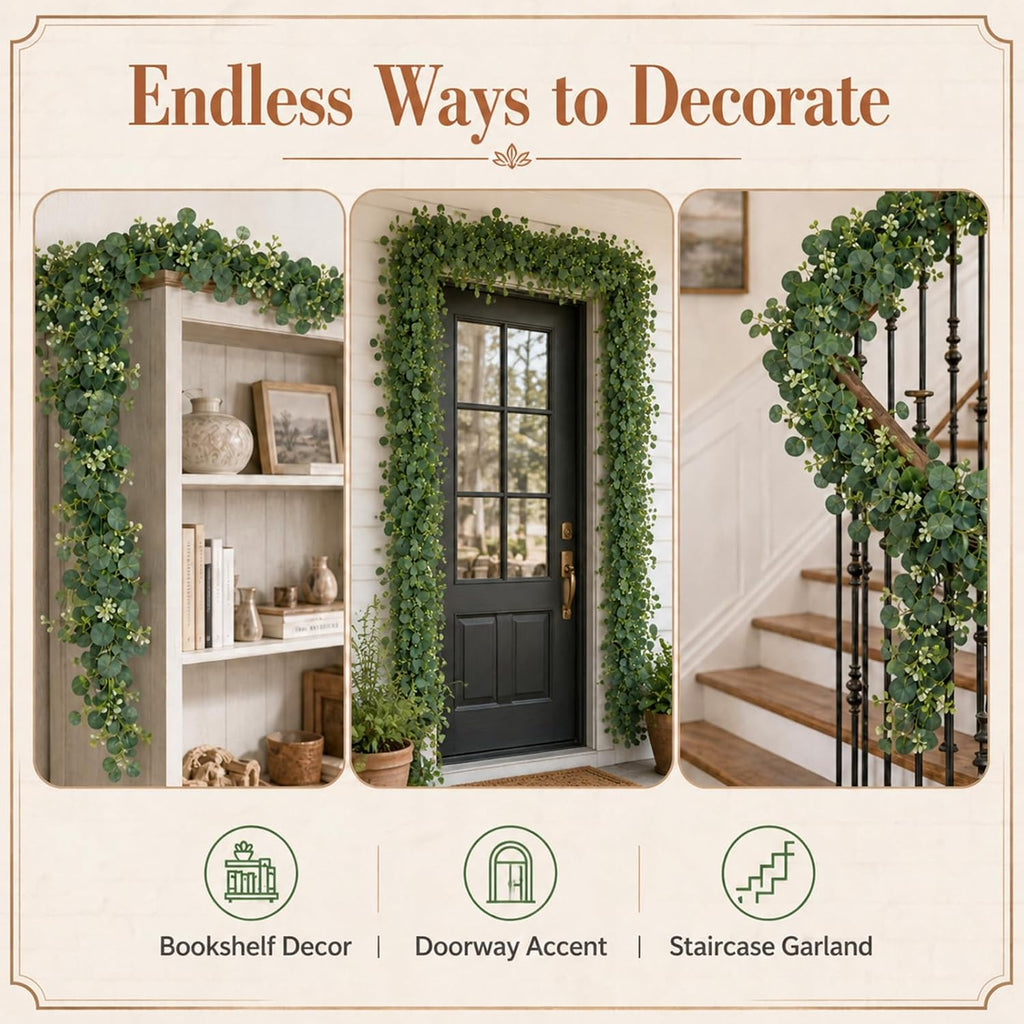 6Ft Artificial Eucalyptus Garland, Faux Eucalyptus Plants Greenery Leaves Fake Vines for Table Home Wedding - Set of 4