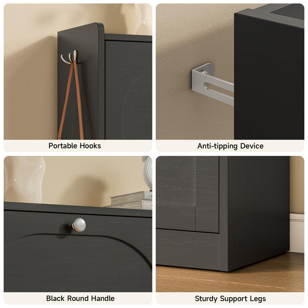 Shoe Cabinet with 4 Flip Drawers & 2 Side Hooks, Black