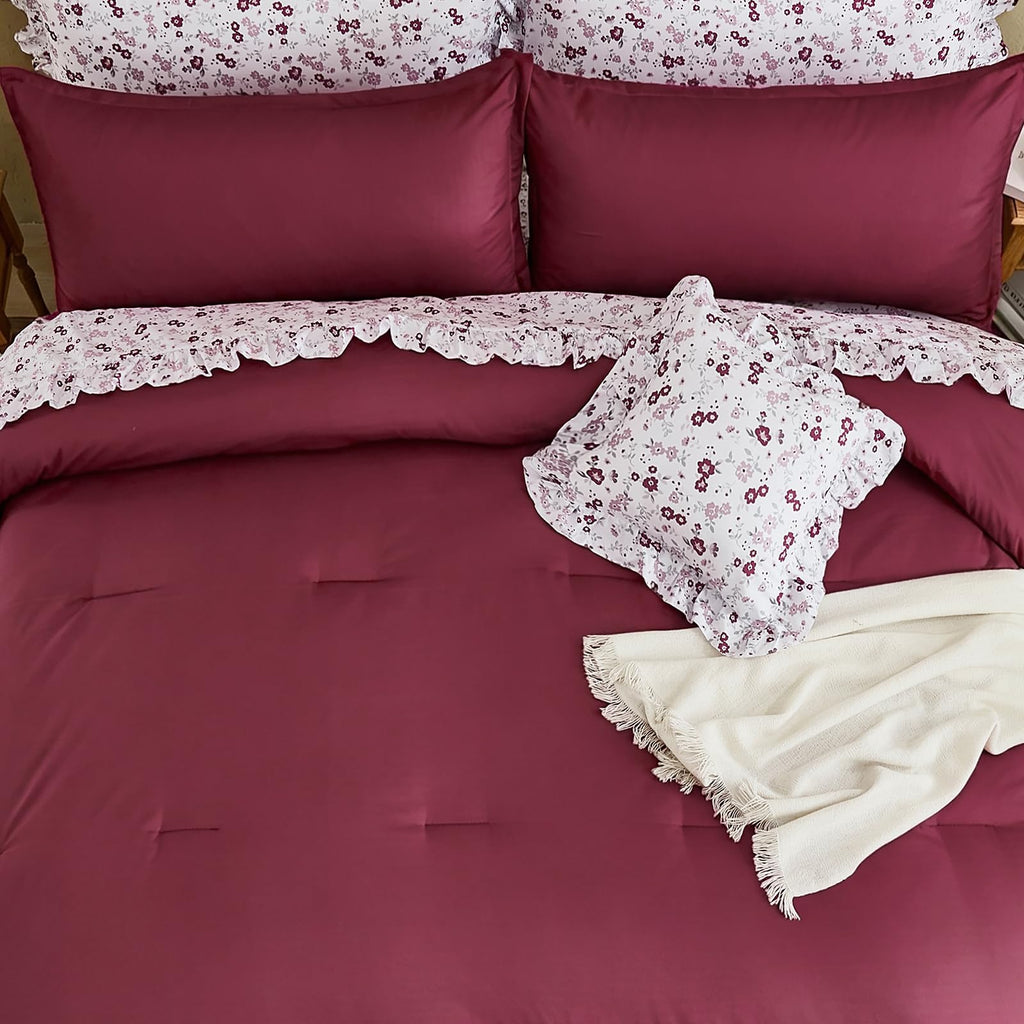 8PC Comforter Set Burgundy, Ruffle Comforter with Floral Sheets