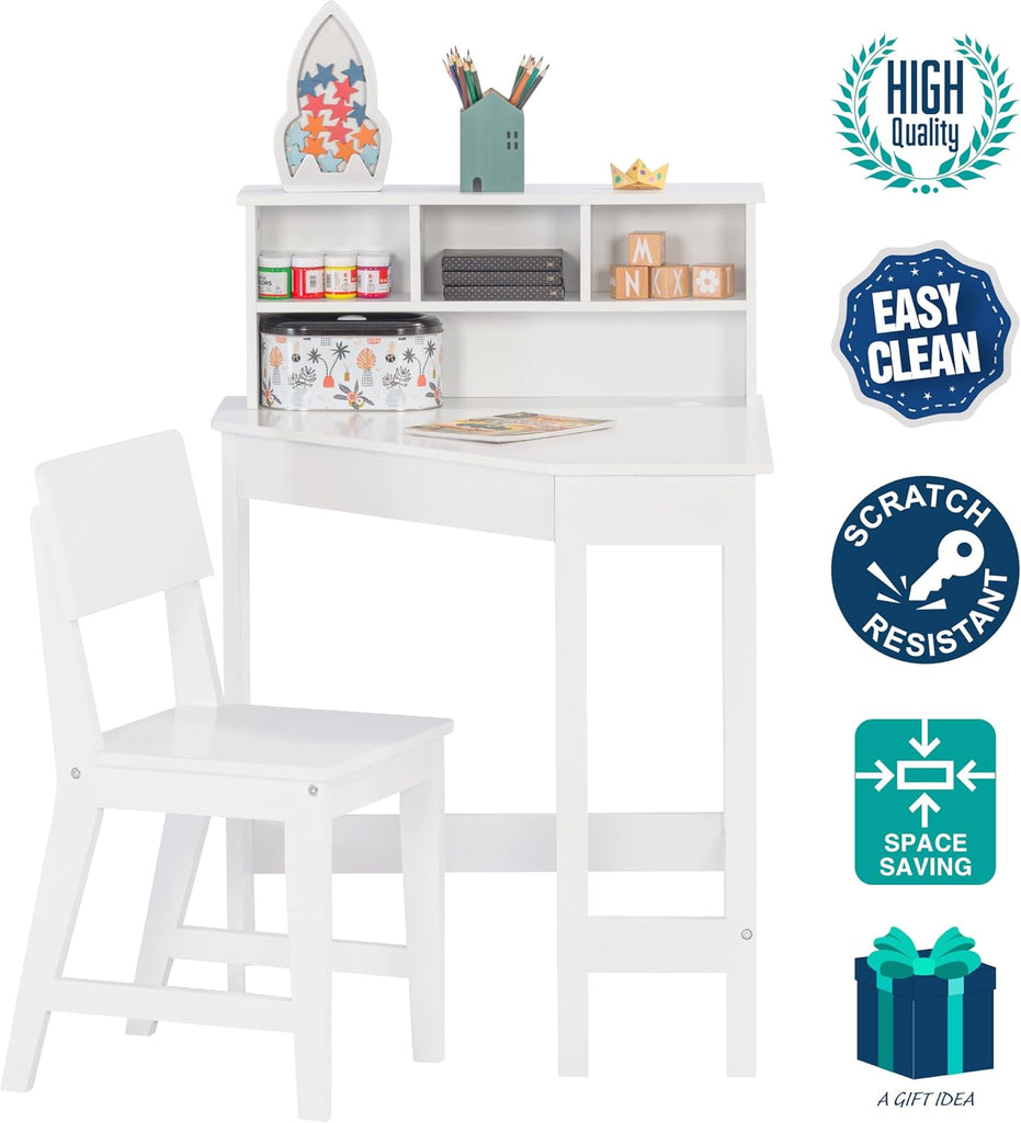 Wooden Kids Corner Desk and Chair Set with Hutch for Ages 3-8