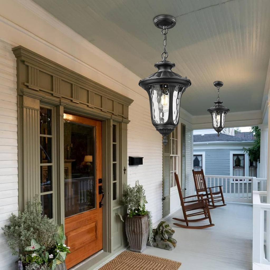 Outdoor Pendant Light for Porch, Exterior Hanging Lantern Outdoor Chandelier in Black Finish for Entryway, Doorway