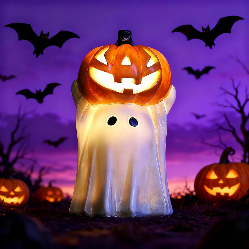 Halloween Ghost Decoration with Light-Up Jack-o'-Lantern Head,Cute Little White Ghost Holding Mini Pumpkin
