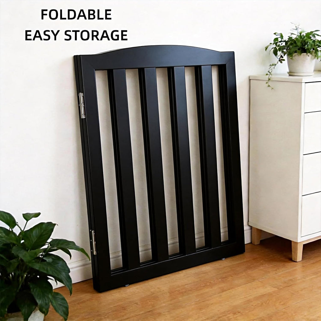 Freestanding Dog Gate Indoor, Doggie Gate Foldable Pet Gates for Doorways, Stairs or Hallways, Wooden Black Pet Gate