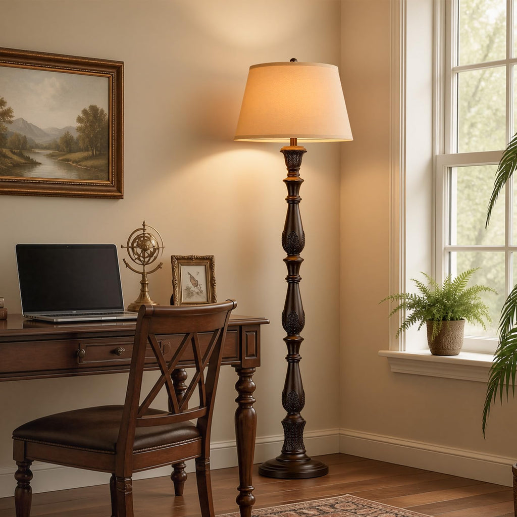 65.5'' Vintage Floor Lamp, Antique Tall Floor Lamp with Linen Shade, Traditional Retro Resin Carved Standing Lamp