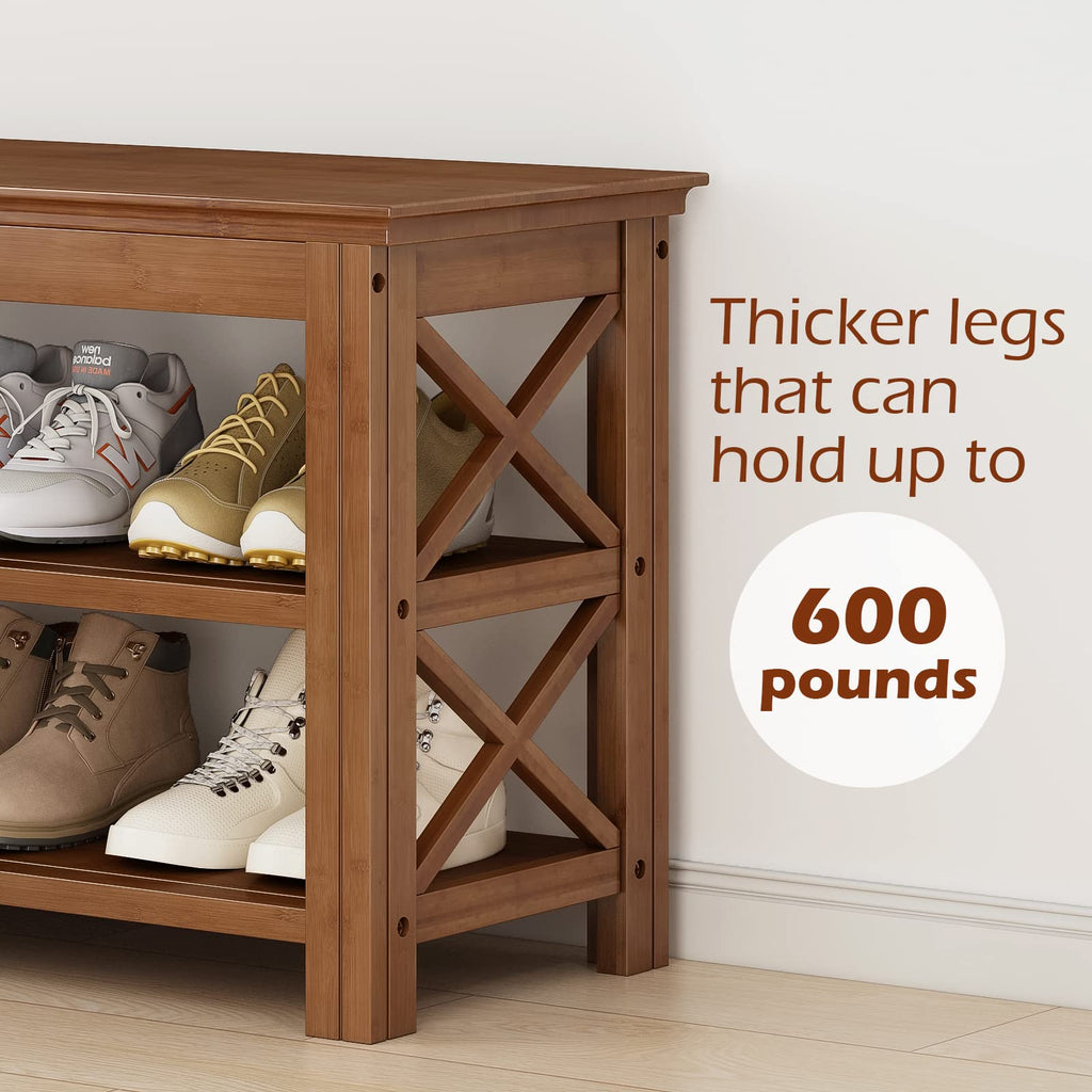 Shoe Rack Bench with Storage 3 Tier Bamboo Shoe Bench Entryway Rustic Solid Wood Entryway Bench (X-Brown, 39.4")