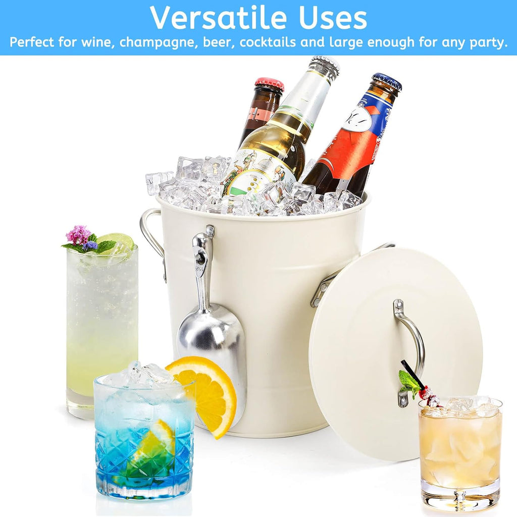 4L Ice Bucket with Scoop and Lid, White Galvanized Steel Beverage Tub with Handles, Double Wall Insulated Wine