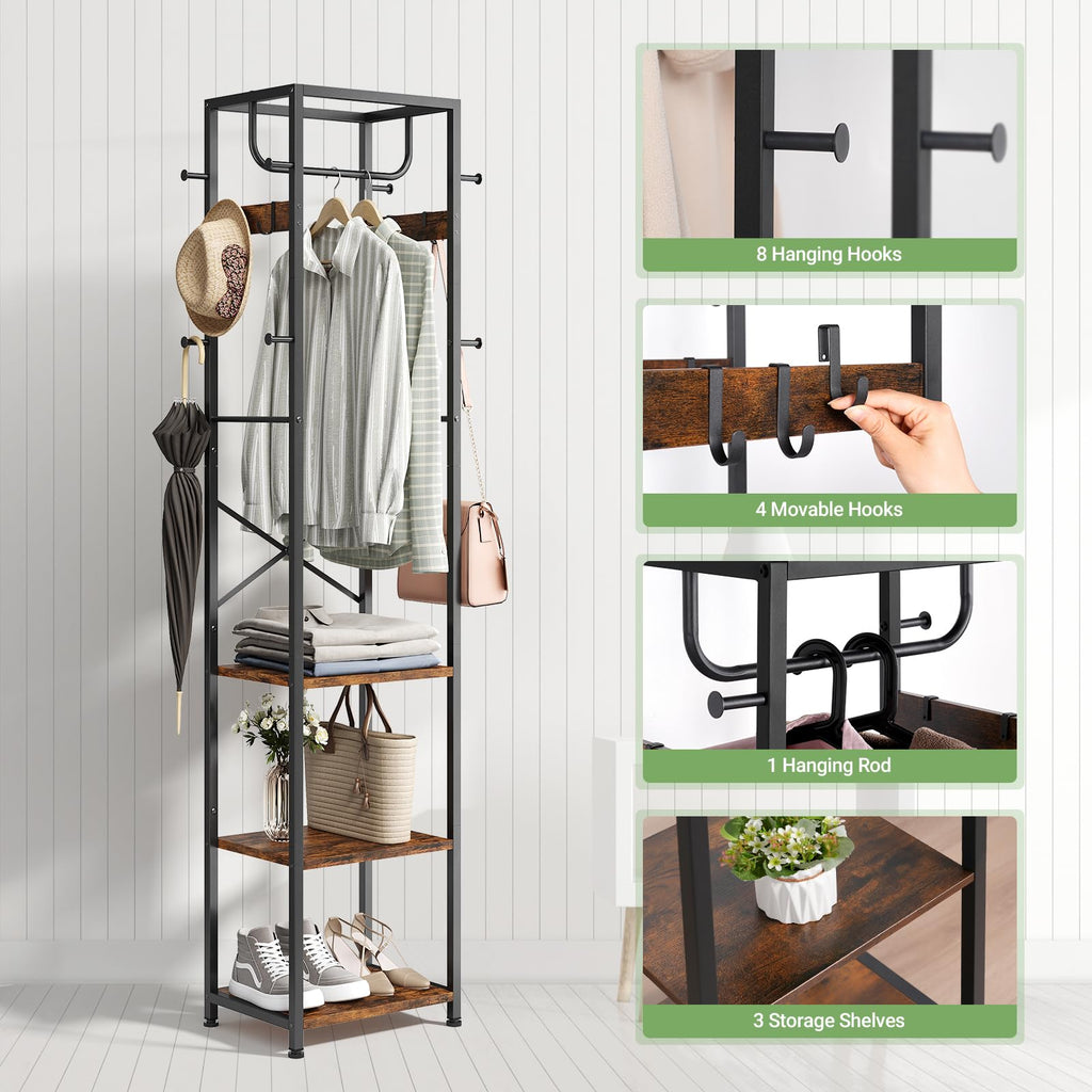 Coat Rack Freestanding, Hall Tree with 3 Shelves and 12 Hooks, Rustic Brown
