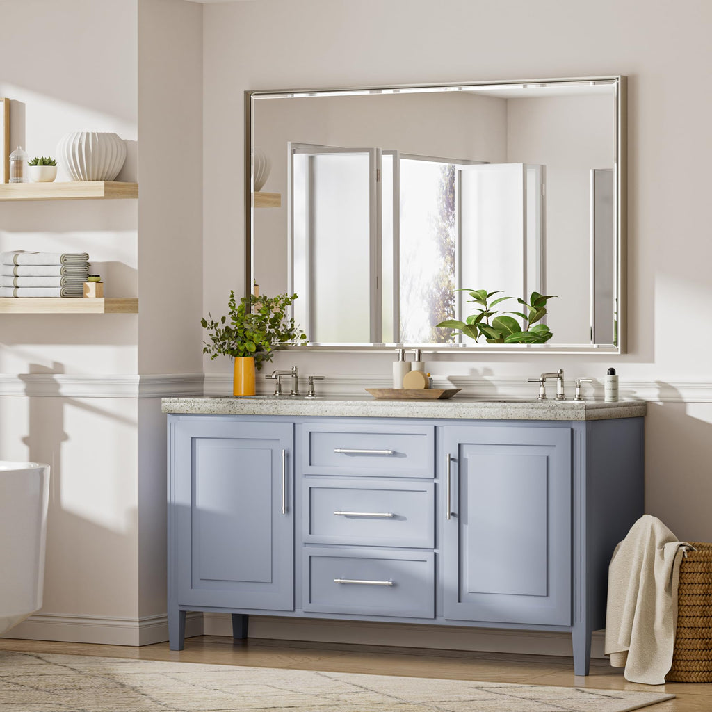 48'' x 36'' Brushed Nickel Framed Beveled Bathroom Mirror, Shatterproof Rectangle Brushed Nickel Frame Mirror