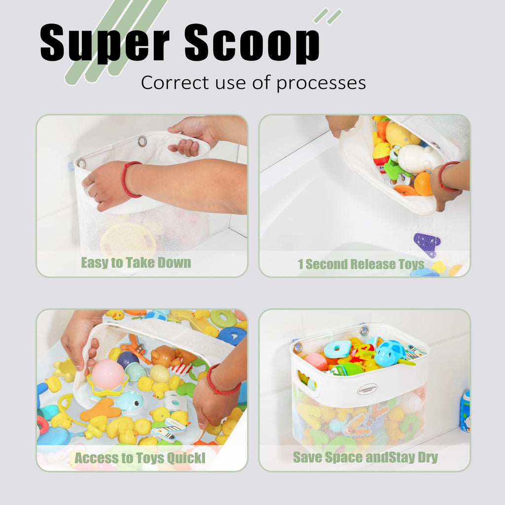 Quick Scoop Baby Mesh Bath Toy Storage, 2x Capacity & Large Opening Bath Toy Organizer Baby Bath Gift Bathtub Toy