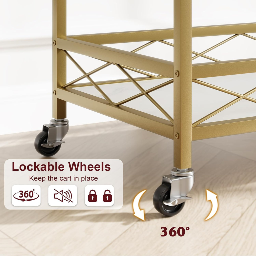 Gold Bar Cart, 2 Tier Bar Carts for The Home, Bar Carts with 4 Wheels, White Marble Finish Wood Shelf, Wine Rack &