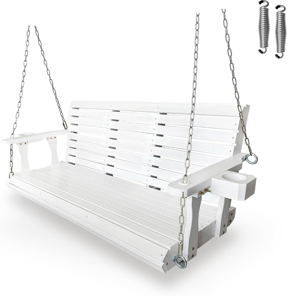 Wooden Porch Swing 3-Seater, High Backrest and Deep Seat, Bench Swing with Cupholders, Hanging Chains and 7mm