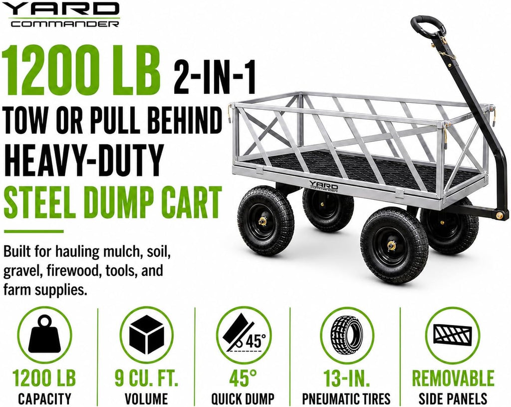 Heavy Duty 1200lb Steel All Terrain Utility Cart, Garden Wagon, 9 cu ft Bed, Easy Assembly, Removable Side Panels