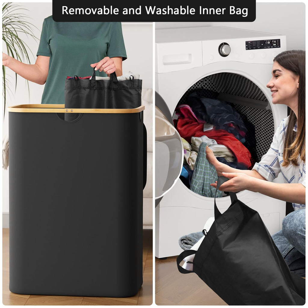 Double Laundry Hamper 2 Section with Lid and Removable Laundry Bags, 160L Clothes Basket with Bamboo Handles, Large