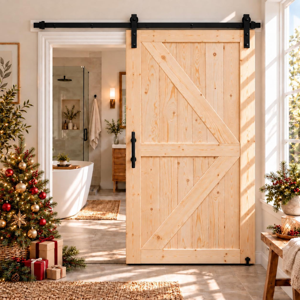 48in x 84in Unfinished British Brace Knotty Barn Door with Sliding Hardware Kit/Solid Wood/Sliding Door/Double