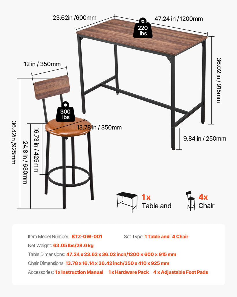 Bar Table and Chairs Set, 5PCS 47.2′′ Bars Tables Set with Rounded Edge Design, Rectangular Pub Table with Four