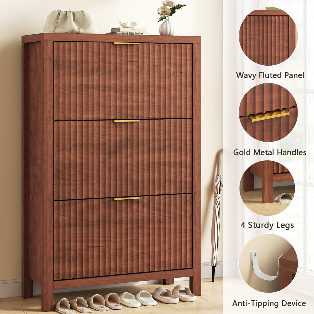 32" Fluted Shoe Cabinet Storage with 3 Flip Drawers