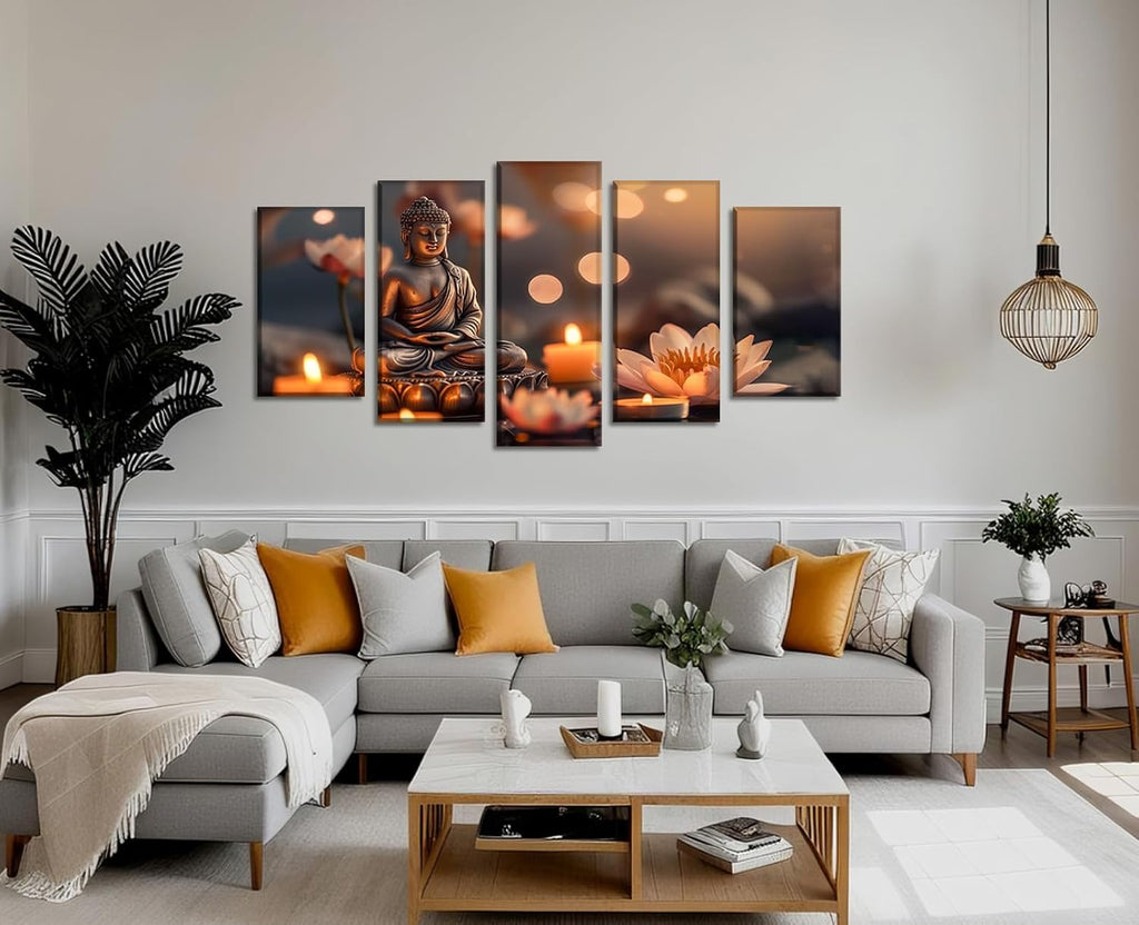Buddha Canvas Wall Art 5 Piece Zen Wall Decor Pink Lotus Prints Meditation Picture for Yoga Spa Spiritual Room Home - Set of 5