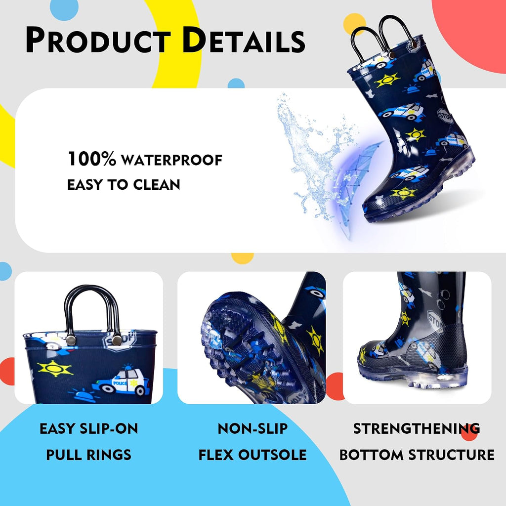Toddler Rain Boots Kids With Glitter Light up Rain Boots With Easy-on Handles Waterproof For Boys and Girls
