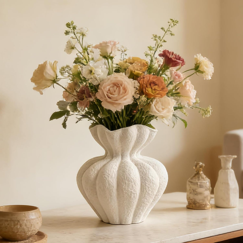 White Ceramic Vase, 8.2 Inch Modern Boho White Flower Vase