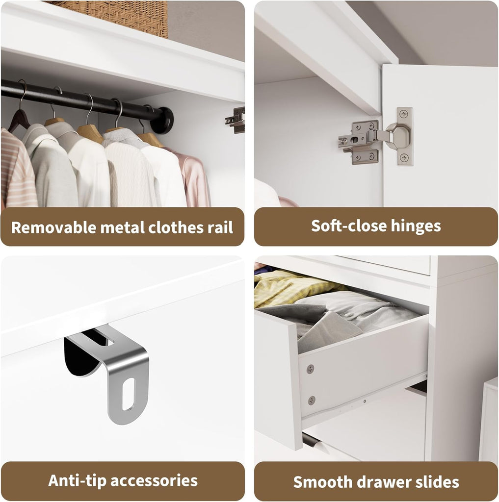 70" Wardrobe Armoire Wooden Closet with 3 Drawers, White | Bedroom Armoire with Hanging Rod Shelf, Large Capacity