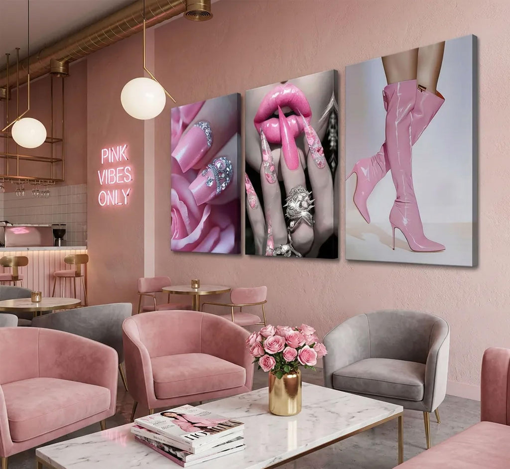 3Pcs Fashion Pink Women's Wall Art Canvas Wrapped 16x24in