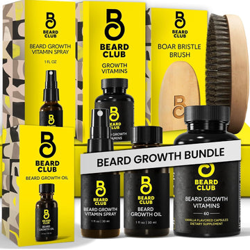 Beard Club Premium Beard Growth Kit - Growth Oil, Vitamins, Vitamin Spray & Boar Bristle Brush - Gift Set