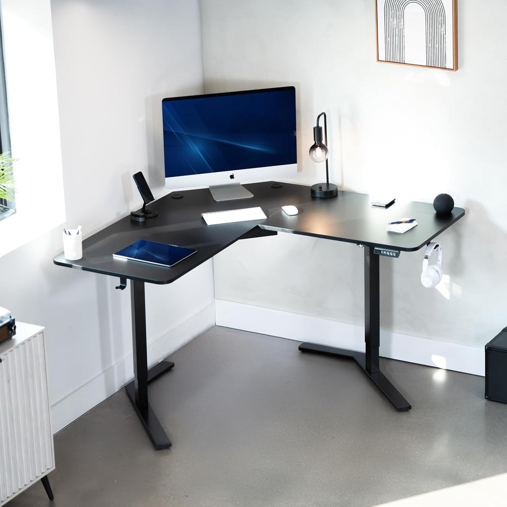 Black 55 x 55 in Corner Standing Desk, DESK-E1L110B | Electric, L-Shaped Table, Sit Stand, Height Adjustable, Memory