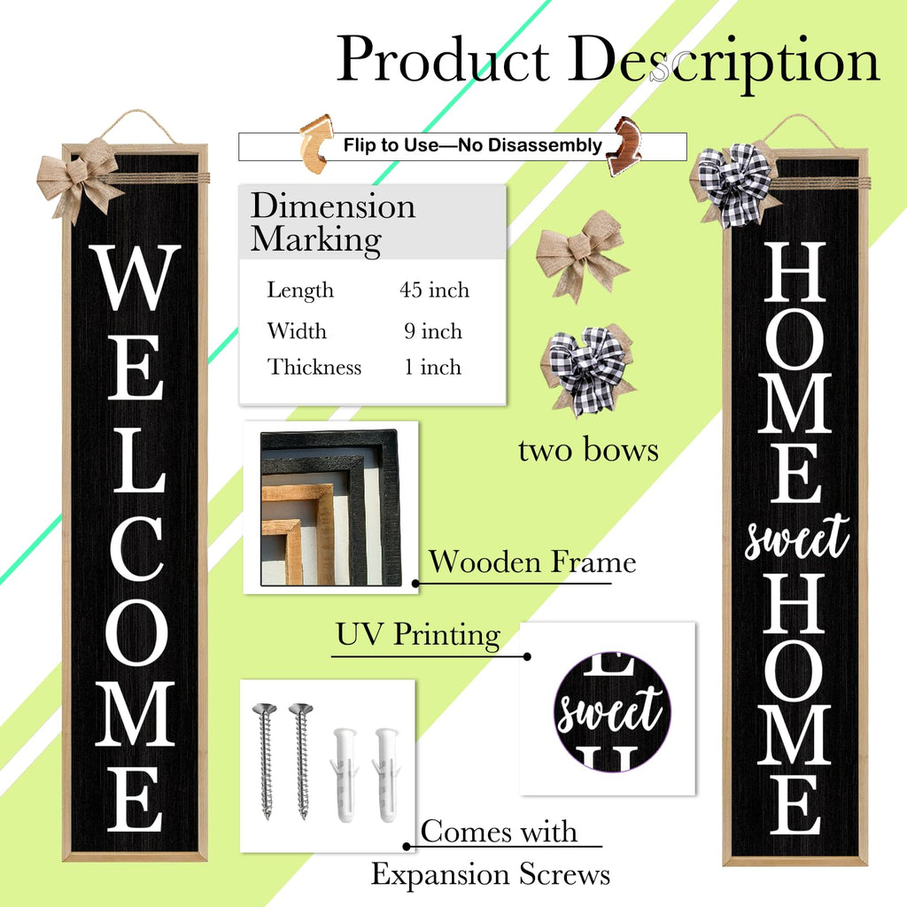 Outdoor 2in1 Welcome Sign for Front Door 45"X9" Wood Black