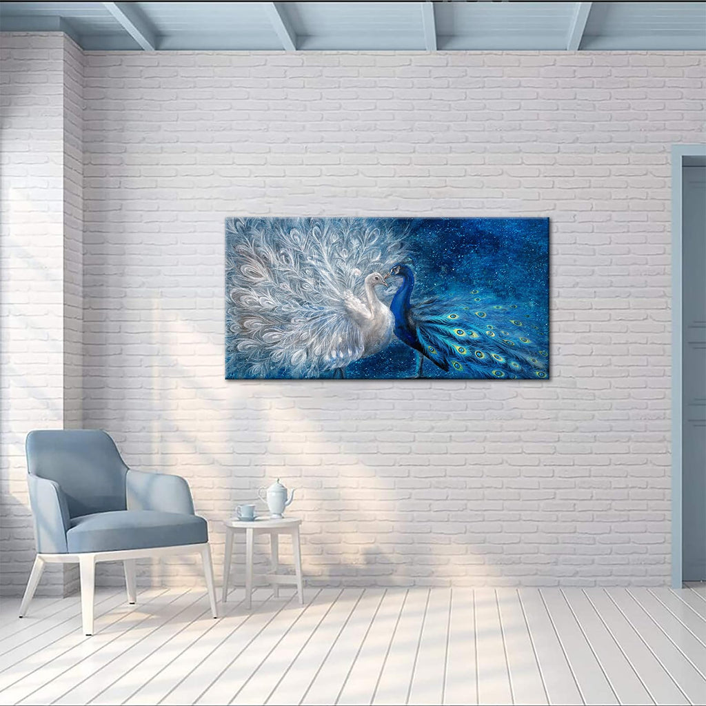Peacock Canvas Wall Art Blue and White Peacock Couple Painting Pictures Elegant Animal Artworks Romantic Kiss Artwork