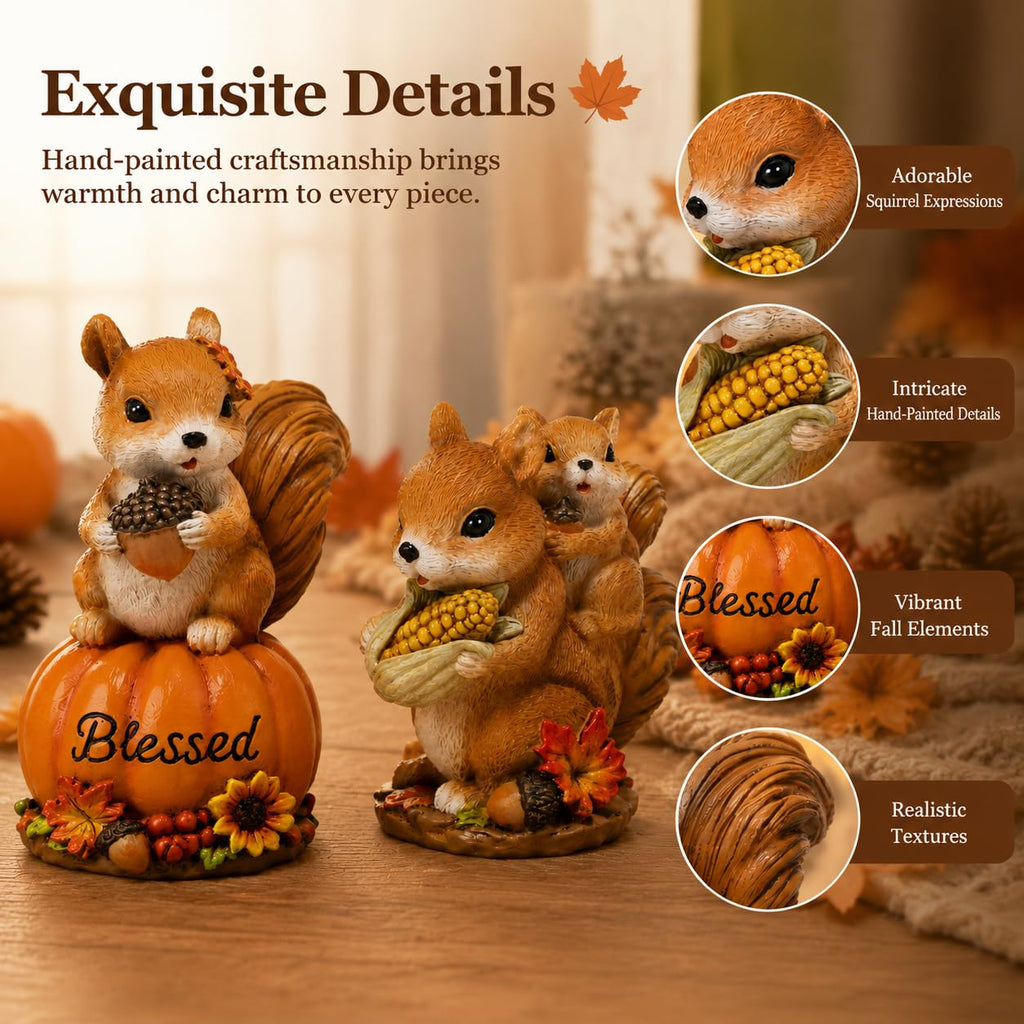 Fall Squirrel Decor, 2-Piece Resin Thanksgiving Figurine Set