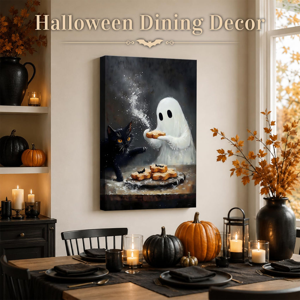 Framed Halloween Canvas Wall Art Adorable Ghost and Black Cat Baking Treats, Cozy Vintage Farmhouse Artwork, Canvas