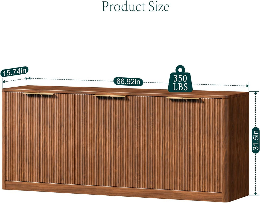 67" Walnut Fluted TV Stand for TVs up tp 75", Mid-Century Modern Entertainment Center with Storage Cabinets and