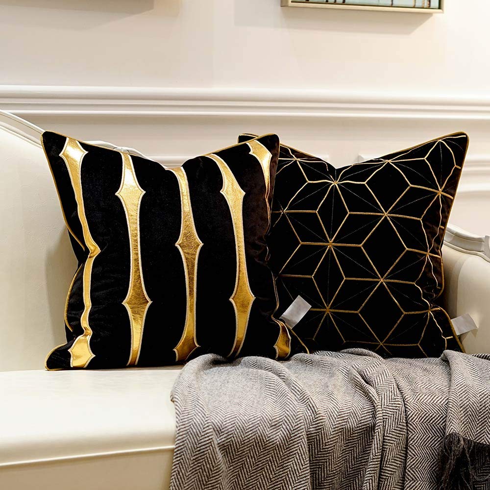 Throw Pillow Cover 20 x 20 Inch, Black Gold, Velvet, Hidden Zipper