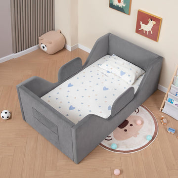 Toddler Floor Bed with Removable Safety Rails and Storage Bag, Kids Bed for Girl and Boys, Standard Crib Size, Safety