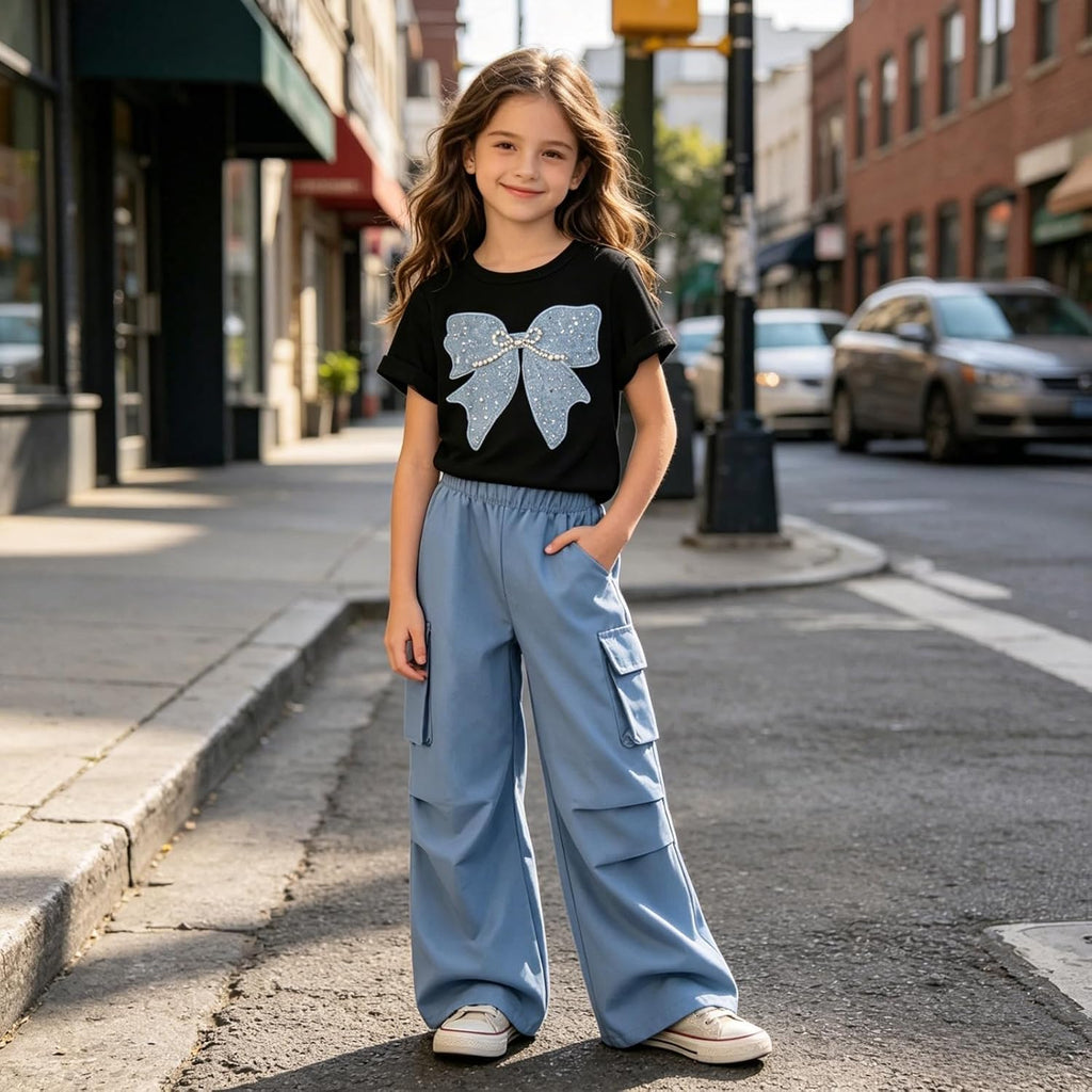 Clothes 2 Piece Cute Butterfly Print T-Shirt Tops & Cargo Pants Spring Summer Outfits Teen Tween Girls