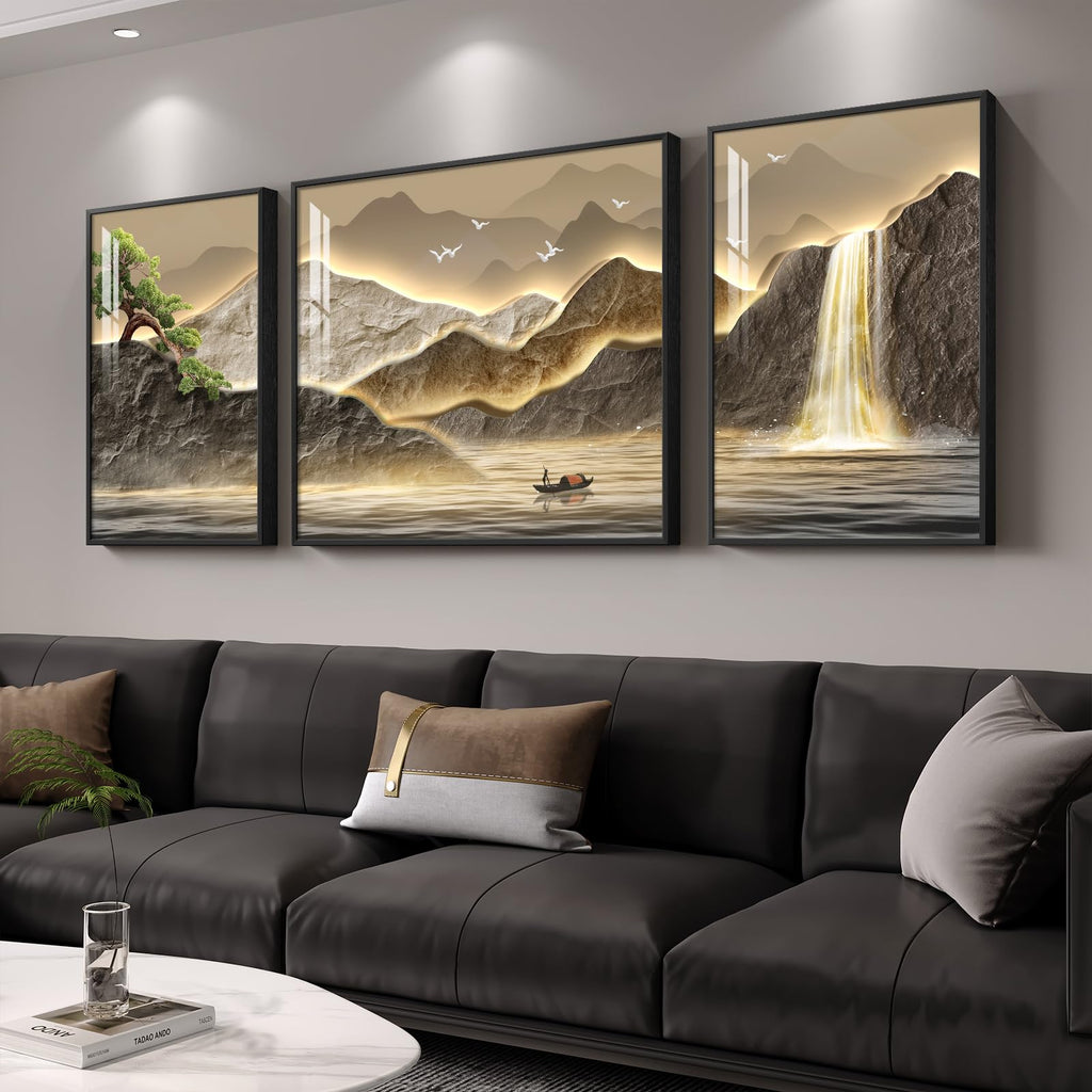 Large Framed Modern Gold Luxury Mountain Wall Art, 3 Piece