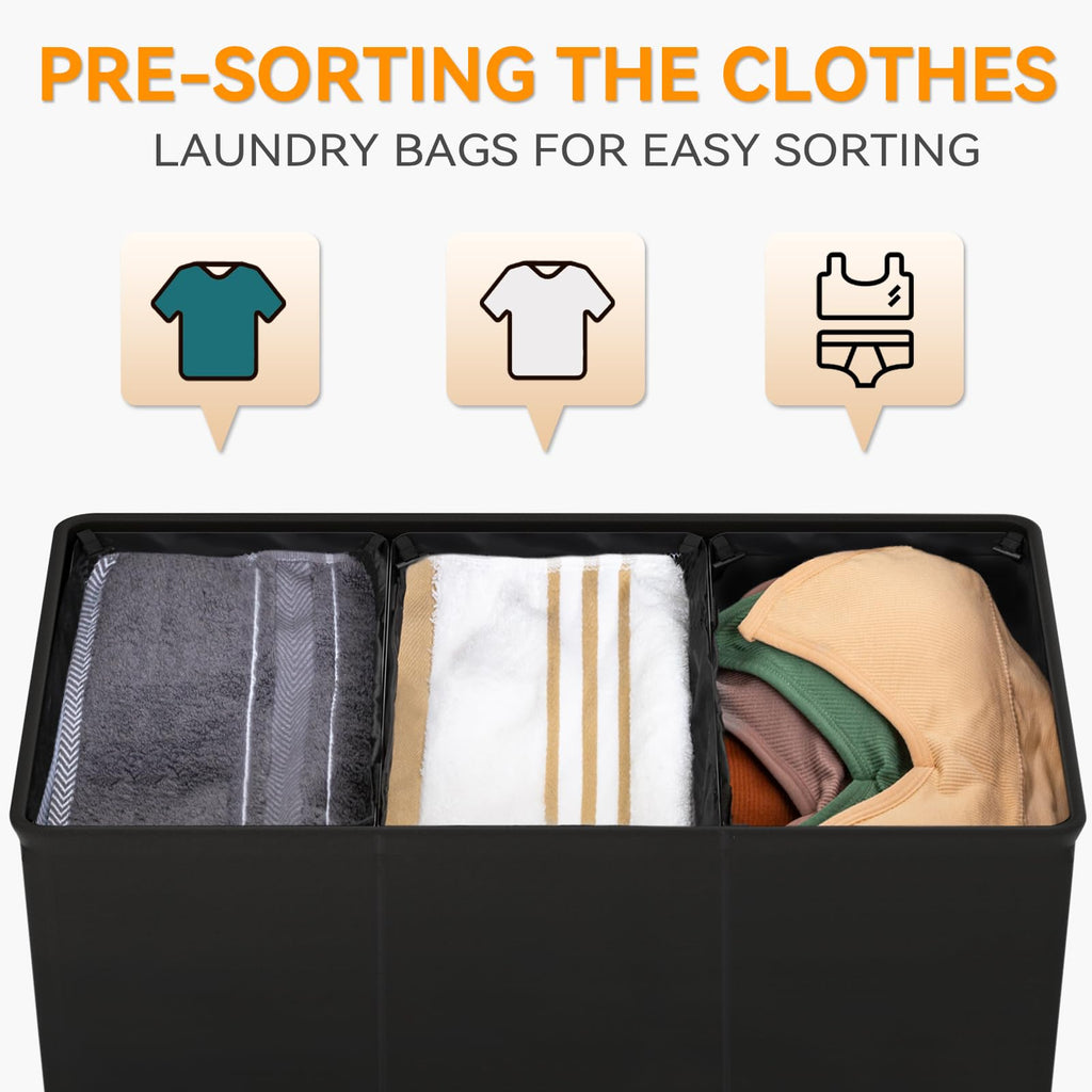 180L Laundry Hamper 3 Section, Large Laundry Basket with Lid