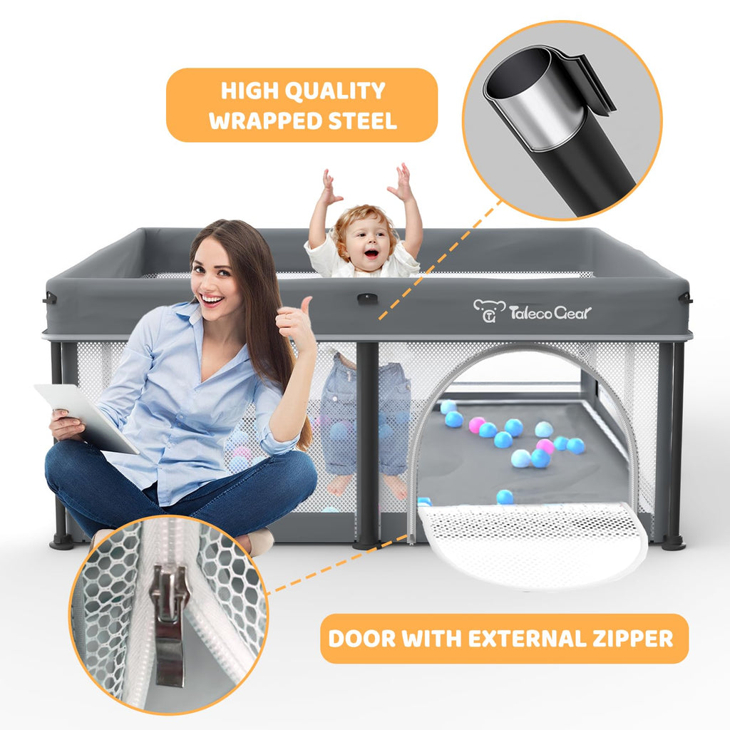 Taleco Gear Foldable Baby Play Pen with Mat, 50''x50'' Playpen for Babies and Toddlers, Playpen for Baby with Gate