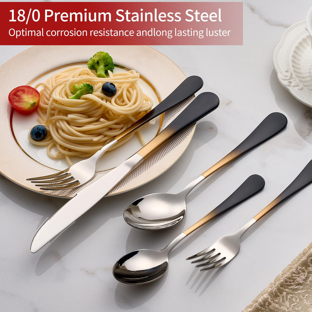 Colorful Silverware Set 20 Piece 18/0 Stainless Steel Flatware Black and Gold Handle Cutlery Set Service for 4 Fork