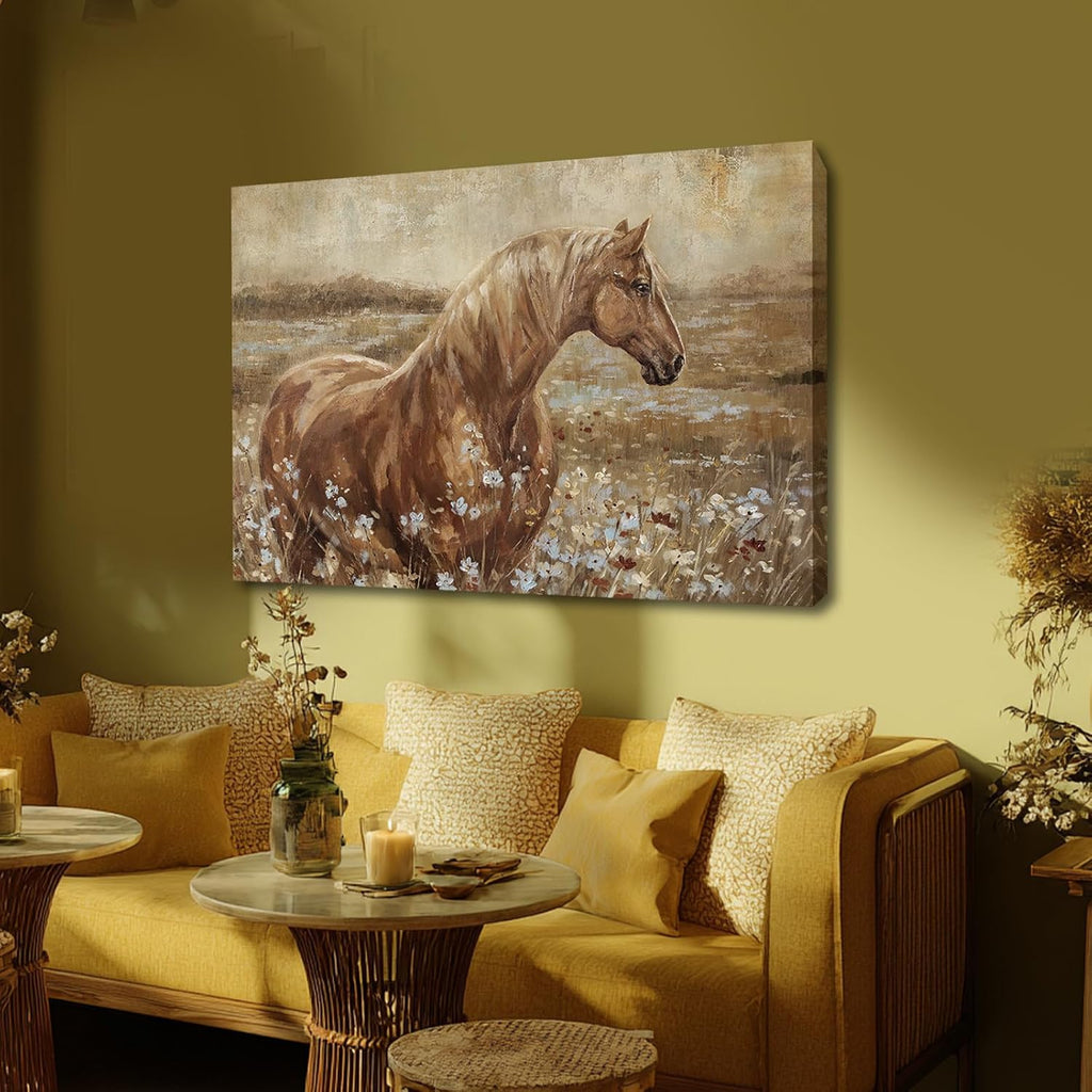 Horse Canvas Wall Art for Farmhouse Decor, Neutral Brown/Beige Equestrian Picture with Wildflower Meadow, Animal