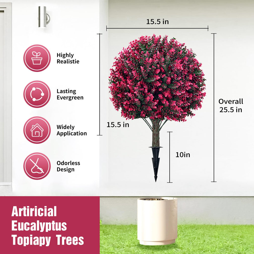 Red Eucalyptus Topiary Ball Tree, Outdoor Faux Evergreen Shrubs with Ground Spike, UV Resistant Fade Proof Fake