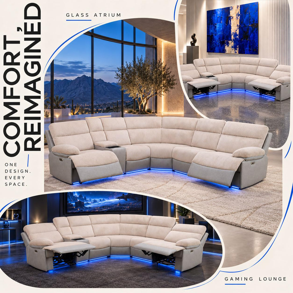 Power Reclining Sectional Sofa, L-Shaped Air Leather Couch with LED Lights, Wireless Charging, Drop-Down Table, Cup