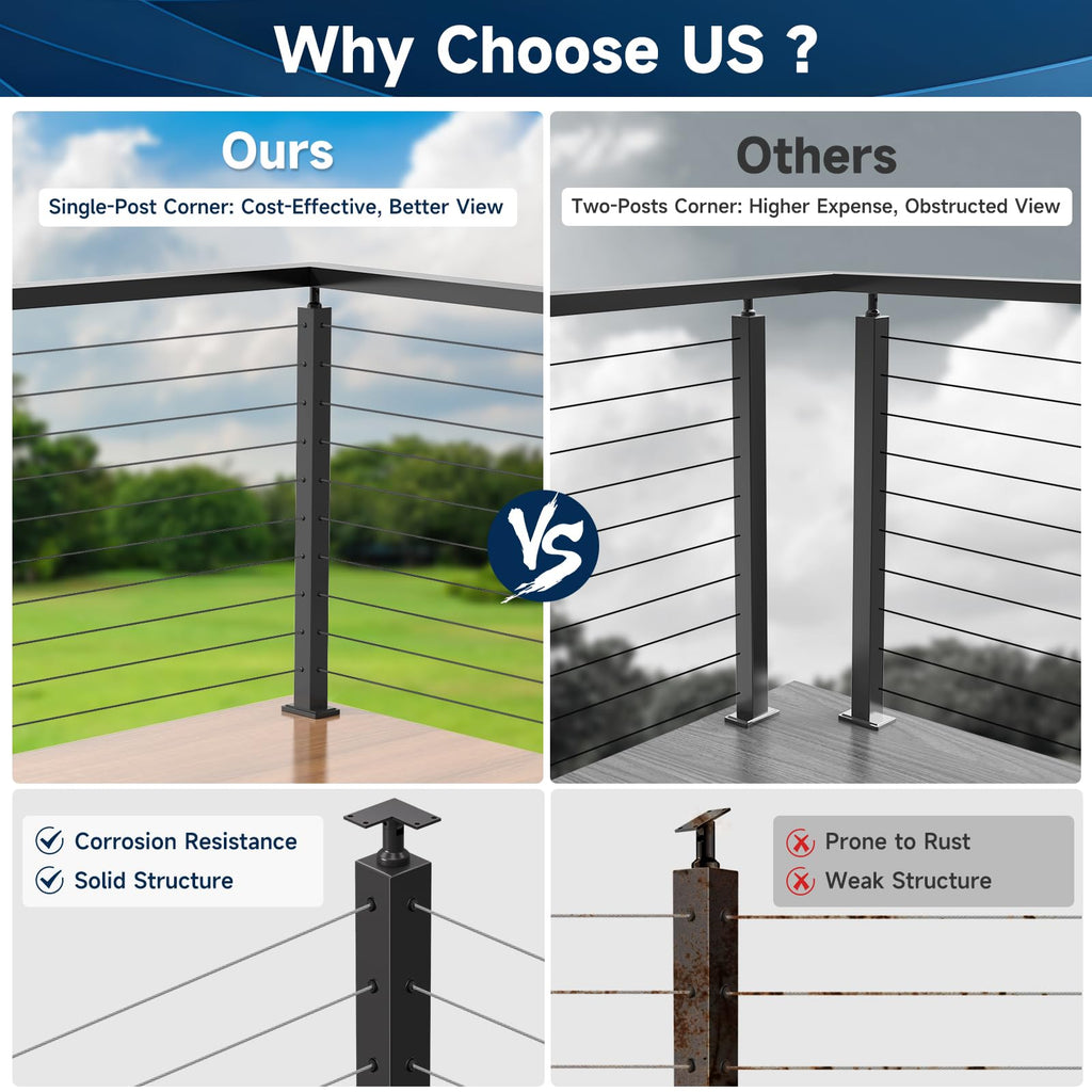 36" Modular Black Cable Railing Corner Post, L-Drilled Two-Side Hole