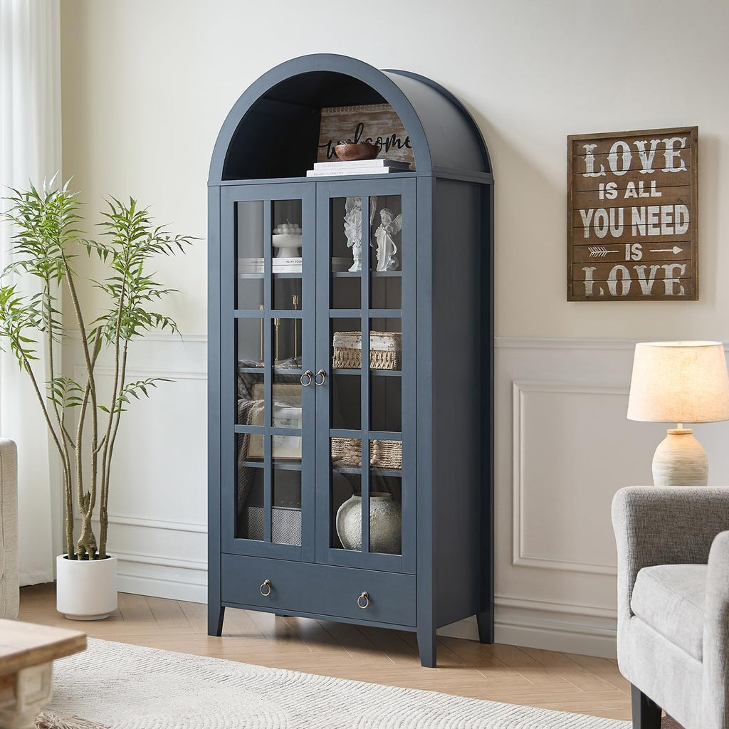 71" Tall Arched Cabinet Bookshelf with Glass Door & Storage Drawer | Modern Farmhouse Display Cabinet,Adjustable