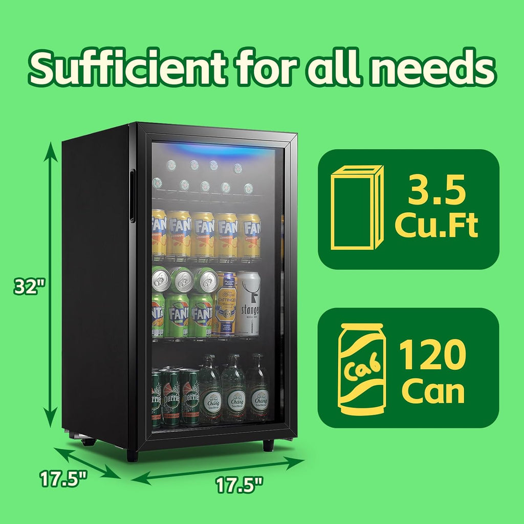 Beverage Refrigerator Cooler 3.5 Cu.Ft, 120 Can Mini Small Fridge with Glass Doo
